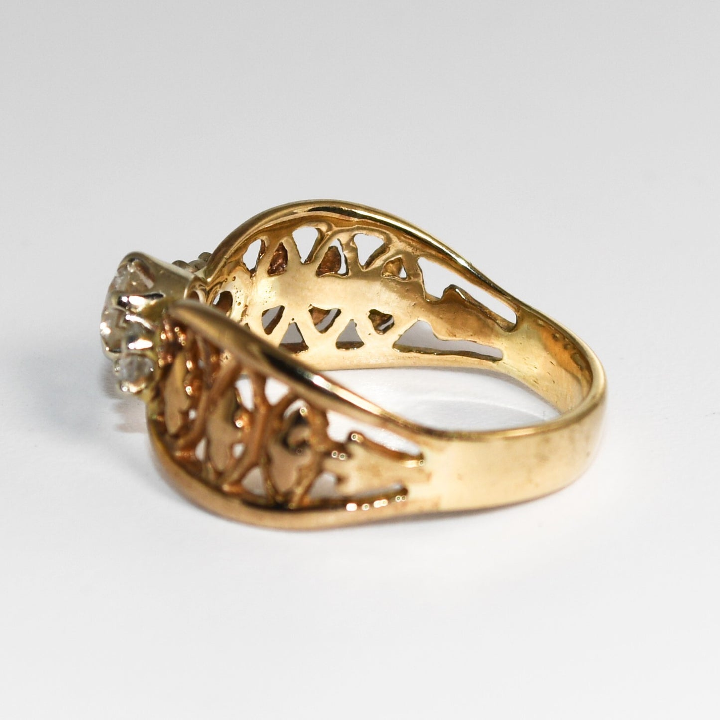 Three Diamond Ring Fancy Shank 14K Yellow Gold