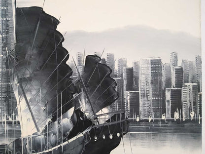 W Chan - Hong Kong Victoria Harbour Original Painting Oil On Canvas Signed