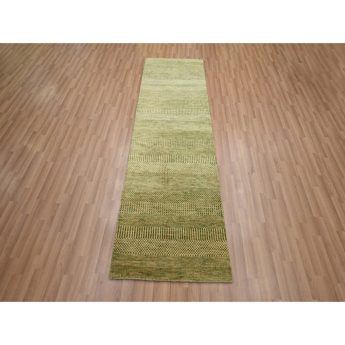 2'8"X8'3" Brown Modern Grass Design Hand Knotted Wool And Silk Runner Rug