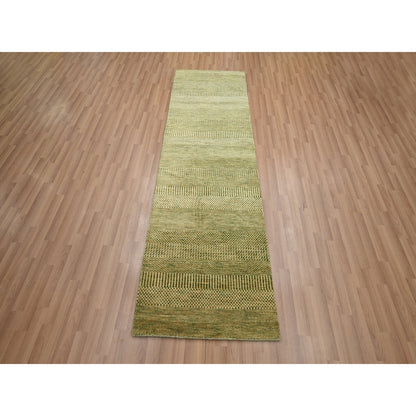 2'8"X8'3" Brown Modern Grass Design Hand Knotted Wool And Silk Runner Rug