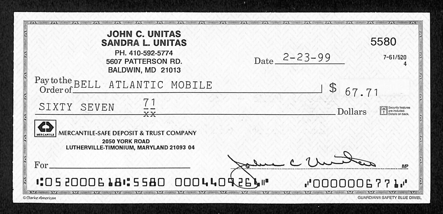 Johnny Unitas Hof Signed/Autographed 1999 Bank Check Baltimore Colts Jsa 199051