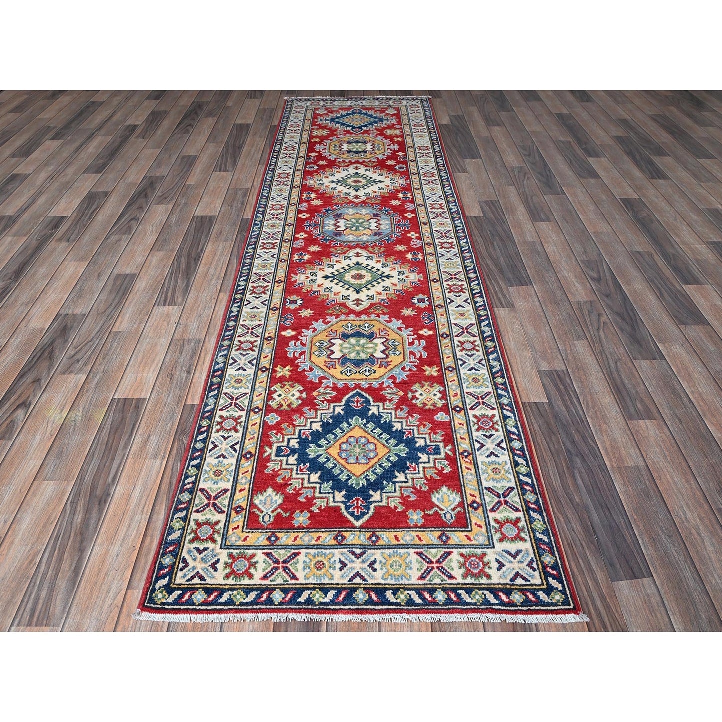 2'9"X9'6" Red Kazak Medallions Design Hand Knotted Soft Wool Runner Rug