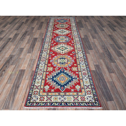 2'9"X9'6" Red Kazak Medallions Design Hand Knotted Soft Wool Runner Rug