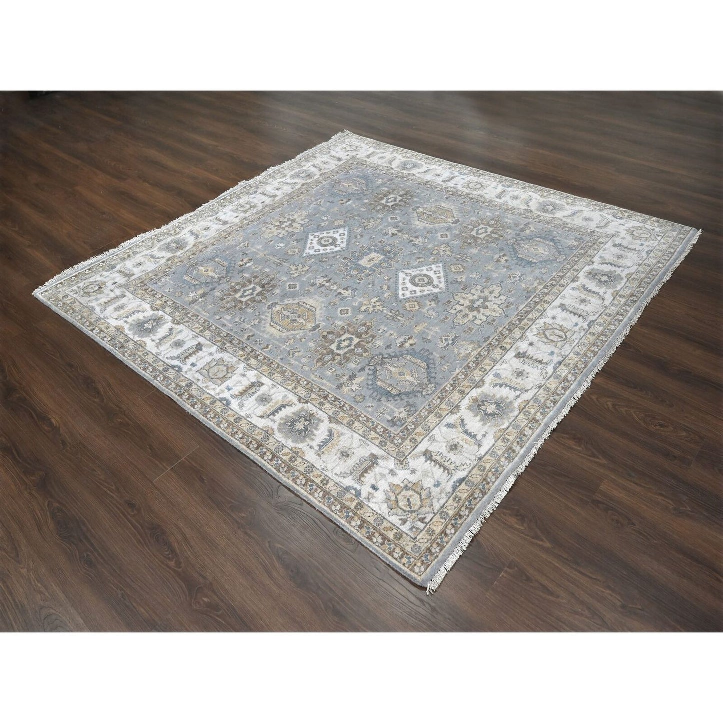 8'X8' Gray And Ivory Karjihooz Design Wool Square Oriental Rug
