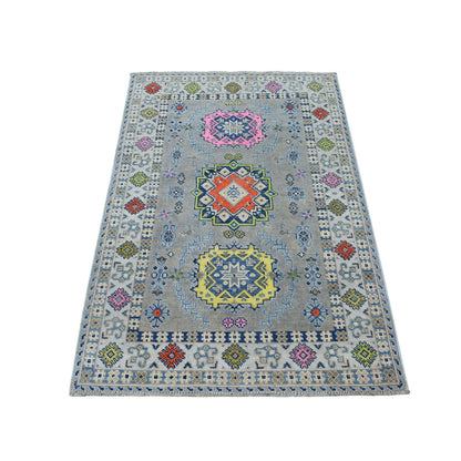 3'3"X5' Colorful Gray Fusion Kazak Pure Wool Hand Knotted Oriental Rug