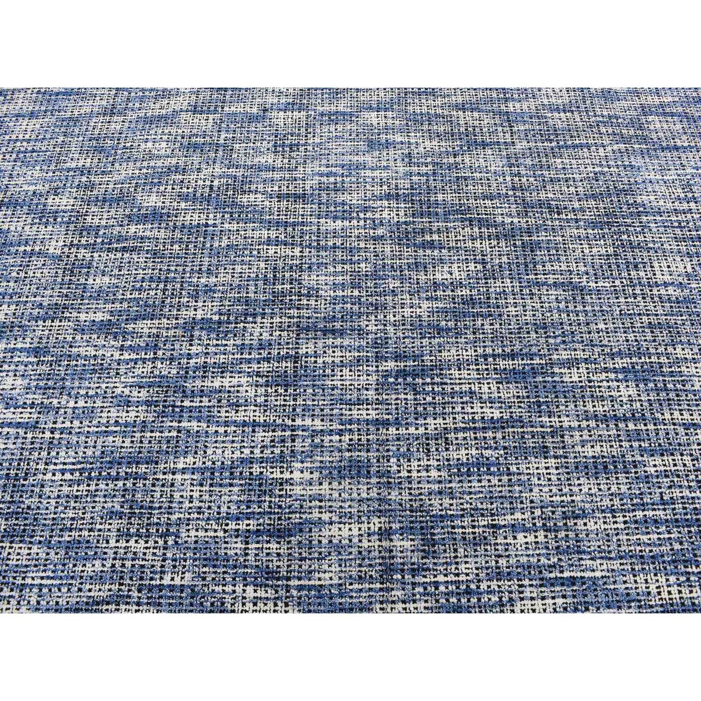 9'2"X12' Steel Blue Modern Fence Design Wool And Art Silk Hand Loomed Rug
