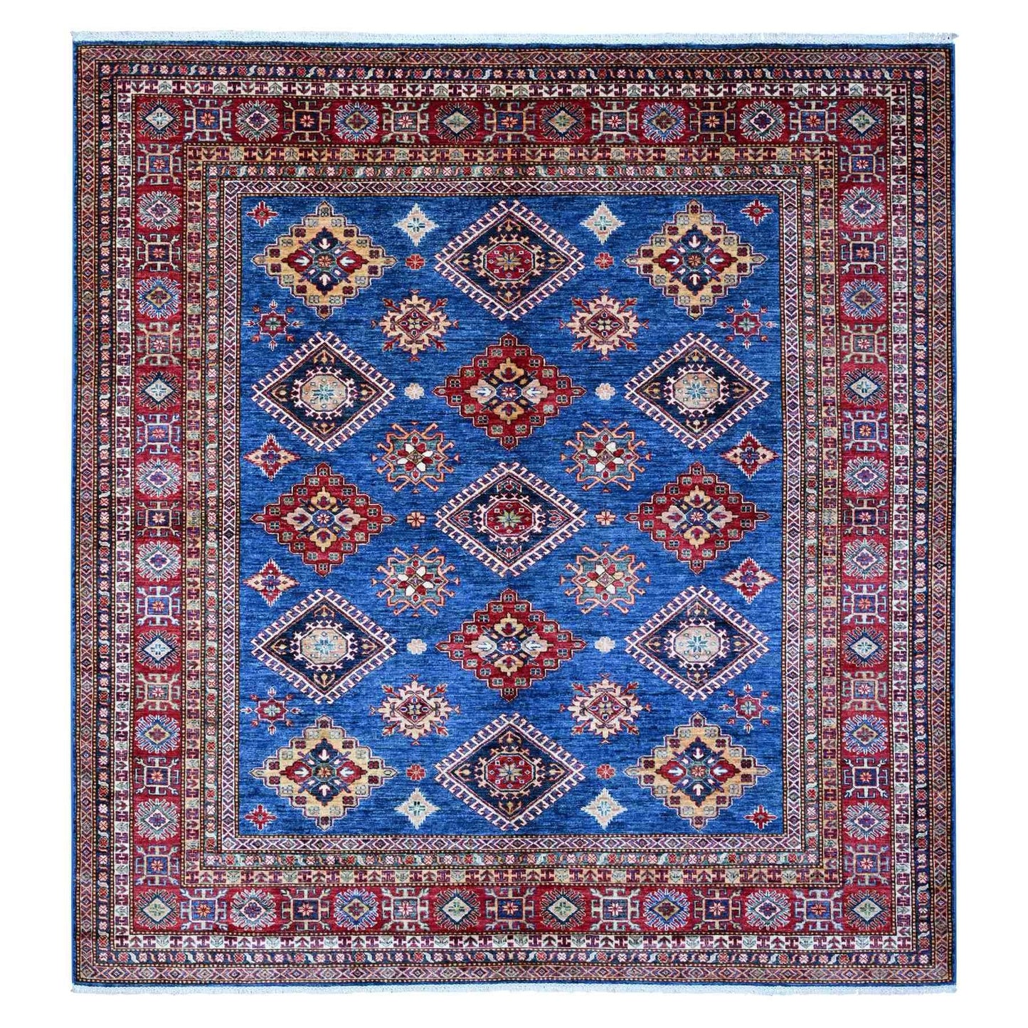 8'X8' Medium Blue Super Kazak Medallions Wool Hand Knotted Oriental Rug