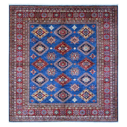 8'X8' Medium Blue Super Kazak Medallions Wool Hand Knotted Oriental Rug