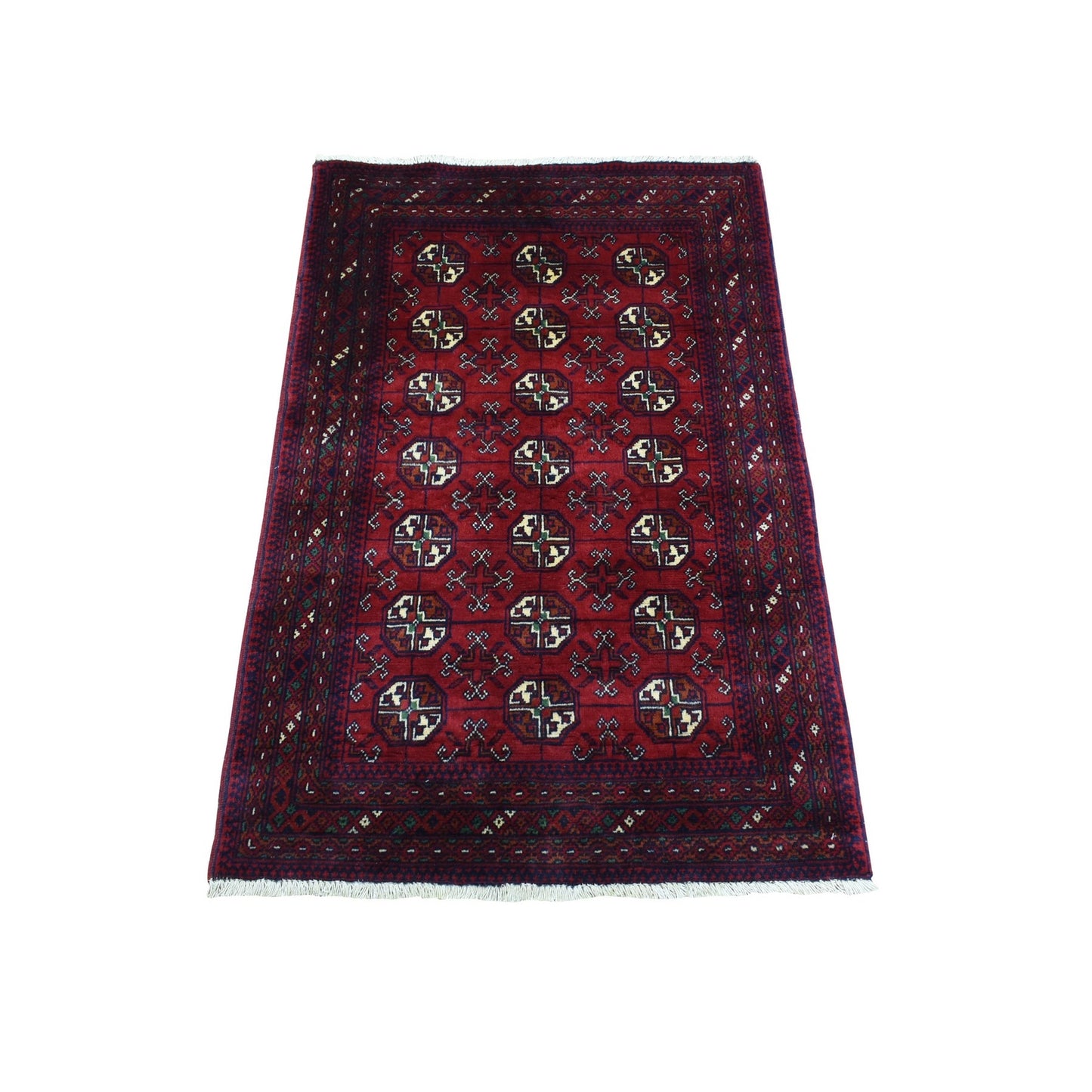 Rug 2'7"x3'10" Red Afghan Khamyab Bokara Wool Tribal Hand Knotted Mat