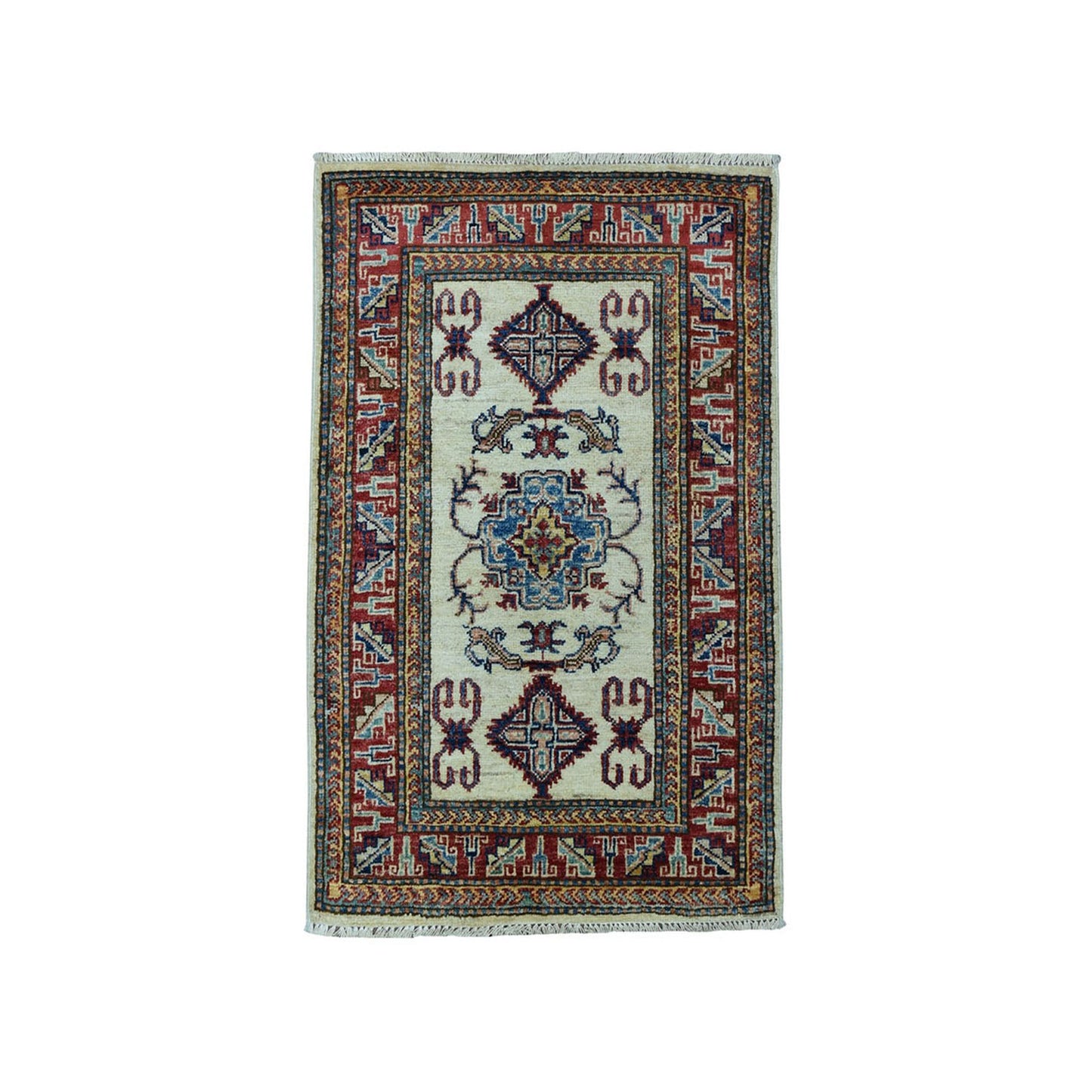 2'1"X3'2" Ivory Super Kazak Pure Wool Geometric Design Handmade Rug
