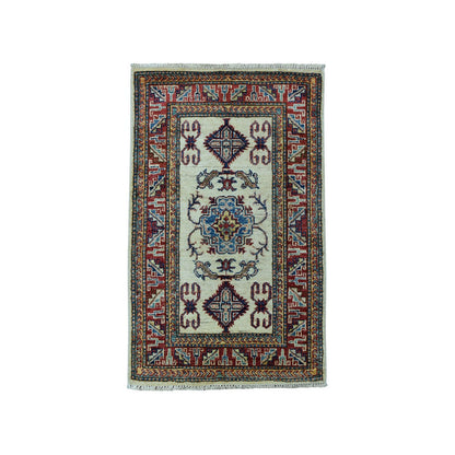 2'1"X3'2" Ivory Super Kazak Pure Wool Geometric Design Handmade Rug