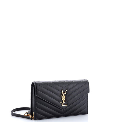 Saint Laurent Classic Monogram Wallet On Chain Matelasse Chevron Leather Small