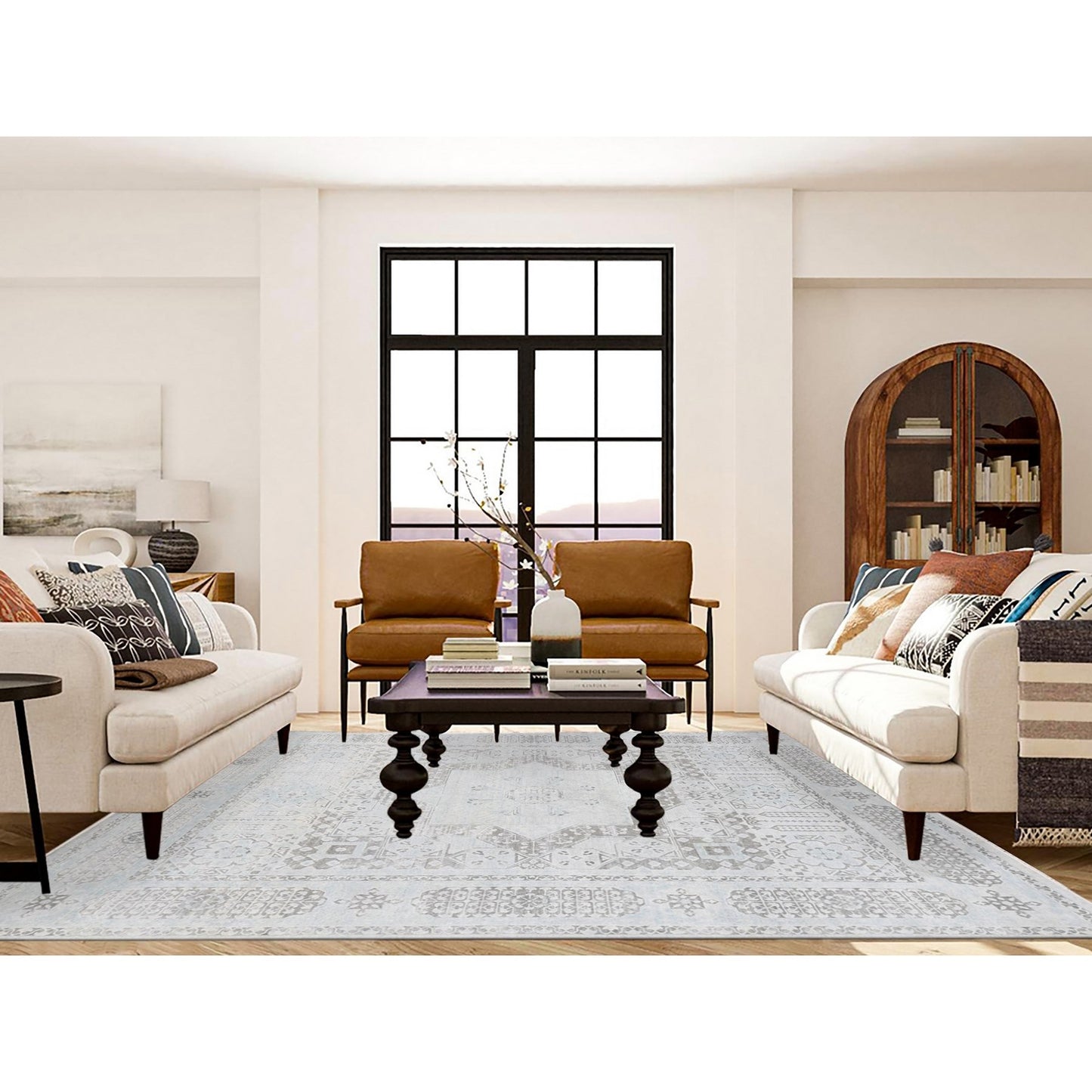 8'1"X10'5" Light Green Hand-Knotted Mamluk Design Pure Silk With Wool Rug