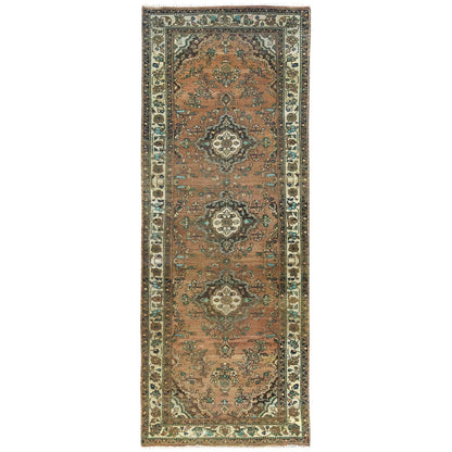 3'3"X9'8" Brown Old Farsian Amadan Hand Knotted Wool Worn Down Runner Rug