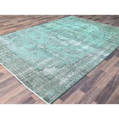 6'1"X9' Green Worn Wool Hand Knotted Overdyed Old Zoroastrian Tebraz Rug