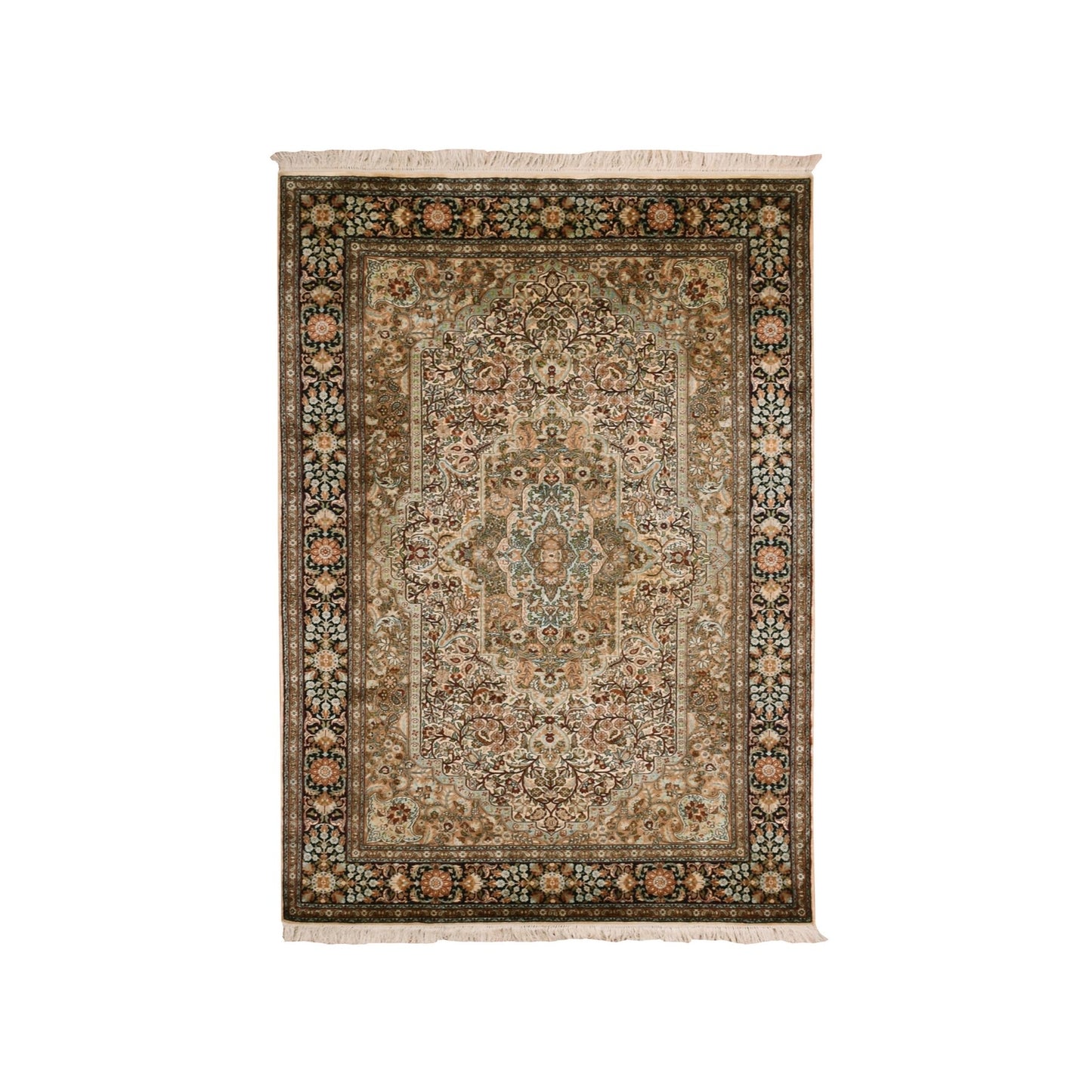 4'1"X6'1" Tobacco Brown Hand Knotted 100% Silk 400 Kpsi Oriental Rug