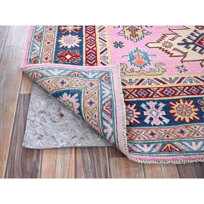 5'X6'7" Aurora Pink Kazak With Geometric Design Hand Knotted Pure Wool Rug