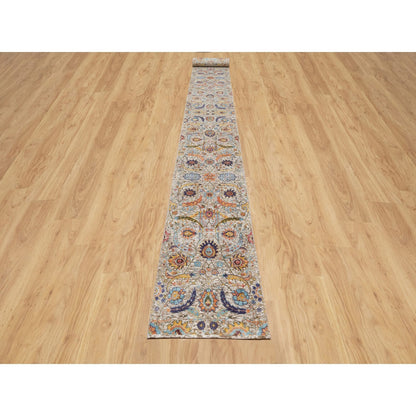 2'7"X23'10" White Sickle Leaf Hand Knotted Silk And Wool Xl Runner Rug