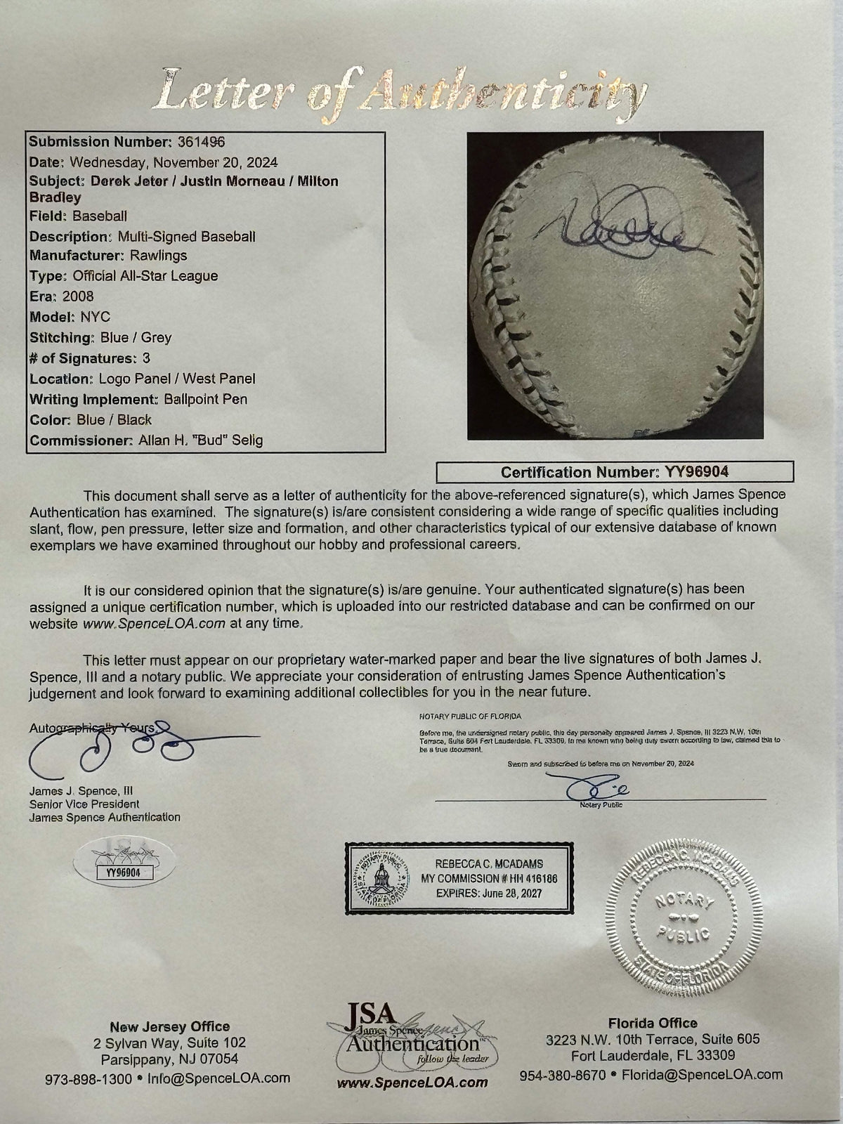 Derek Jeter Justin Morneau Milton Bradley Autographed 2008 All Star Baseball (Js