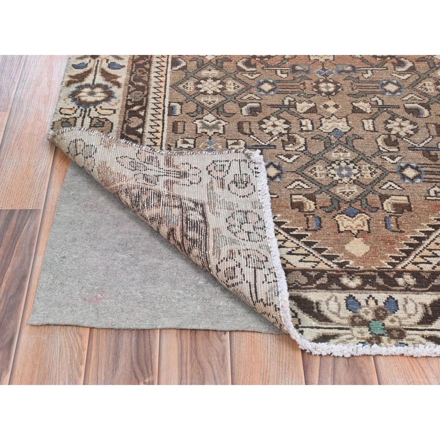 3'4"X10' Brown Vintage Farsian Amadan Pure Wool Hand Knotted Runner Rug