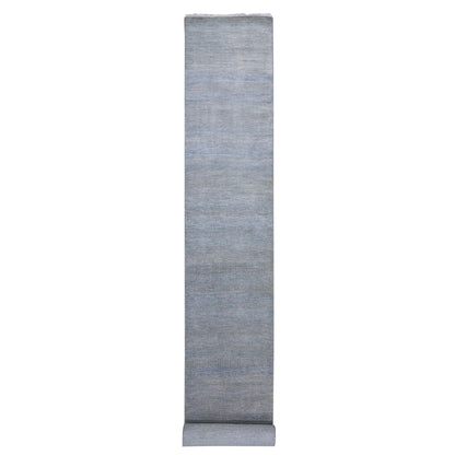 2'7"X15'5" Blue Modern Grass Design Wool And Silk Hand Knotted Runner Rug
