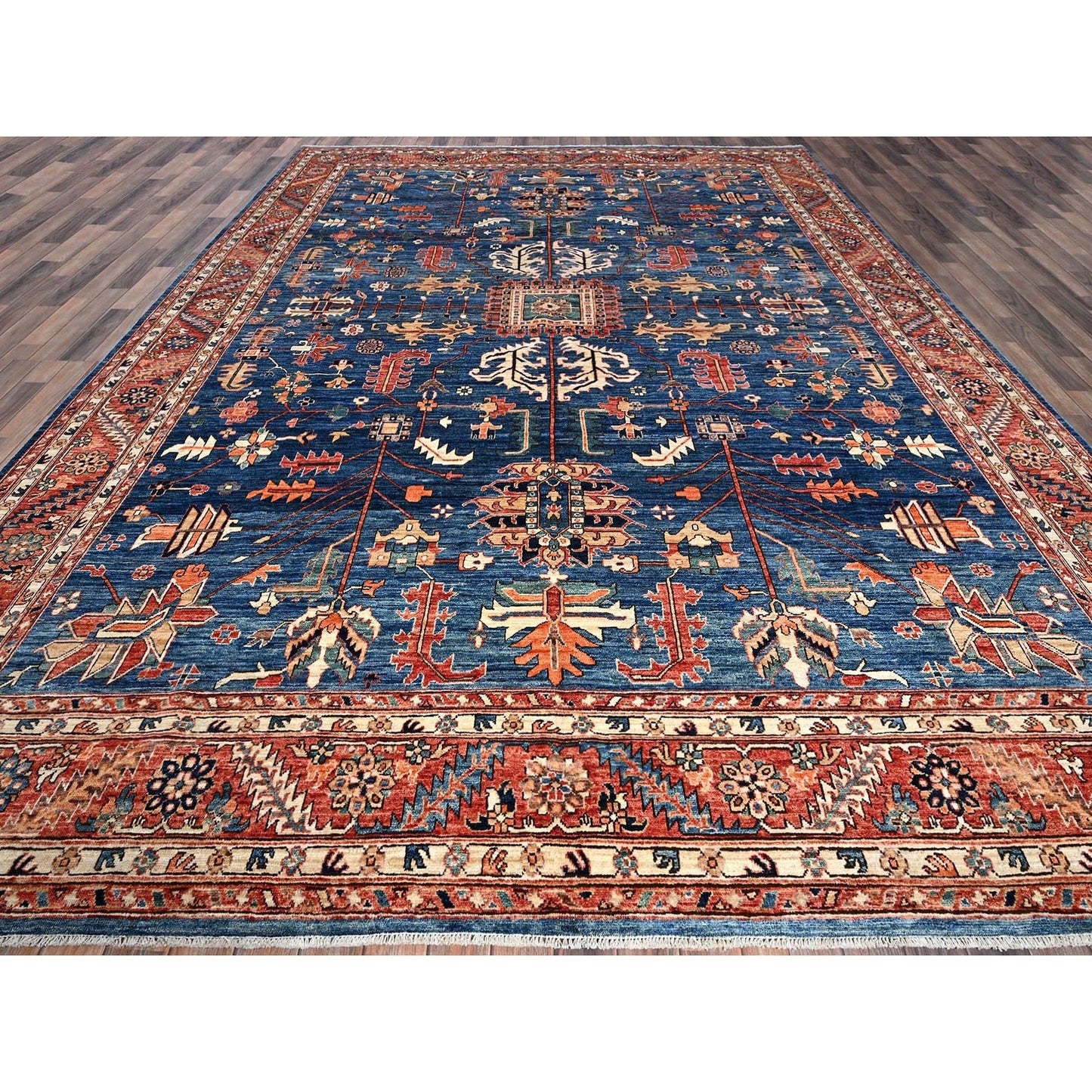 10'X13'10" Imperial Blue Heris All Over Design Soft Wool Hand Knotted Rug