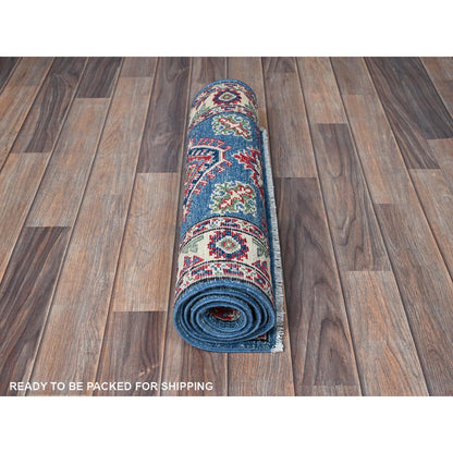 2'1"X5'10" Blue Kazak With Tribal Design Hand Knotted Soft Wool Runner Rug