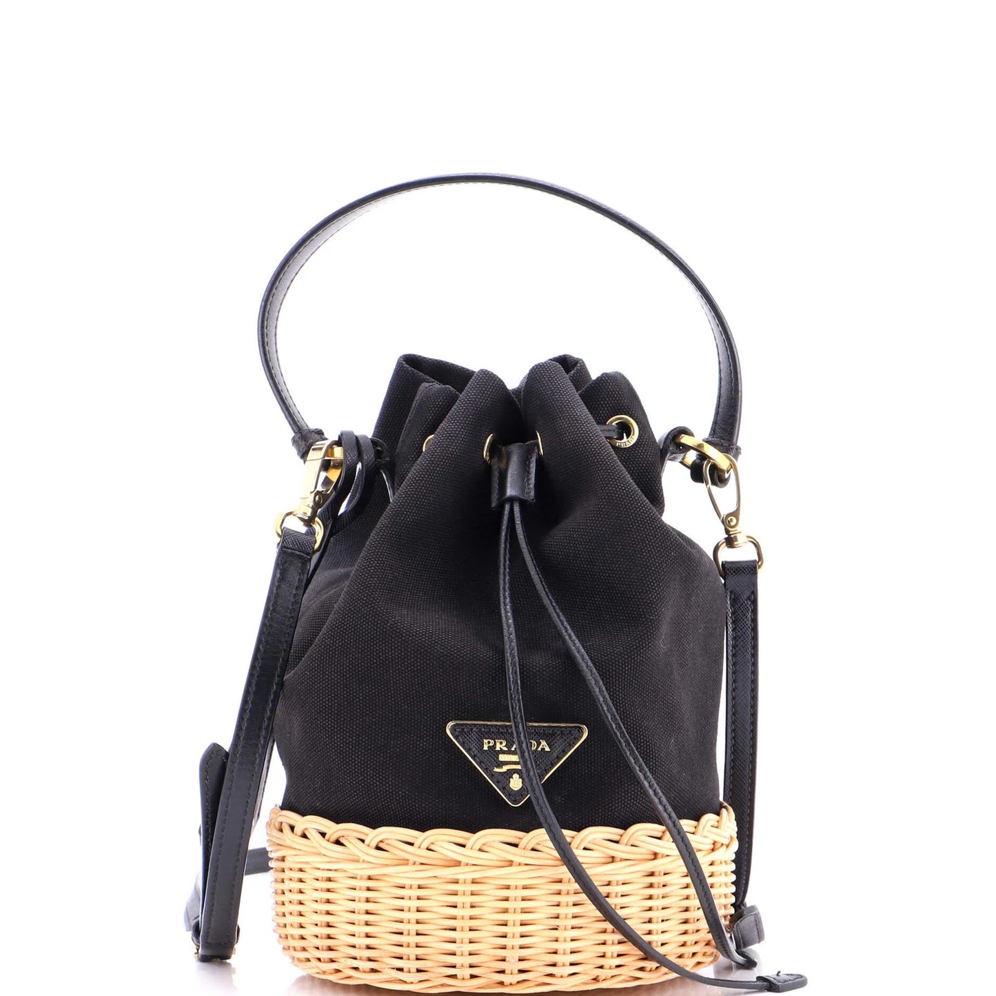 Prada Drawstring Bucket Bag Canvas And Wicker Small