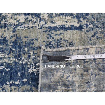 2'6"X8'1" Blue Abstract Design Wool And Silk Hand Knotted Runner Rug
