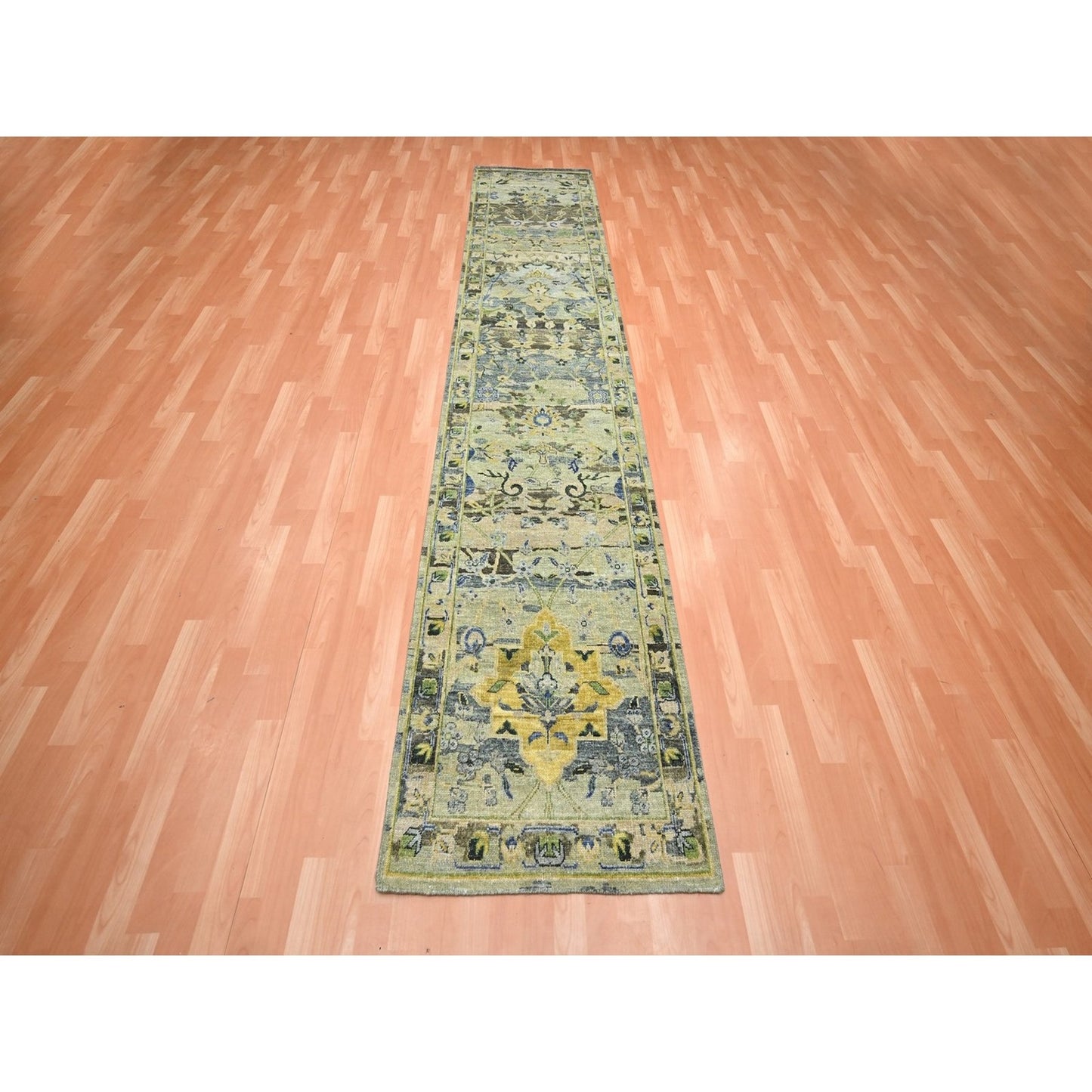 2'7"X12'3" Green Erased Birds Design Pure Wool Hand Knotted Runner Rug