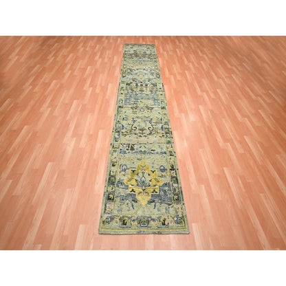 2'7"X12'3" Green Erased Birds Design Pure Wool Hand Knotted Runner Rug