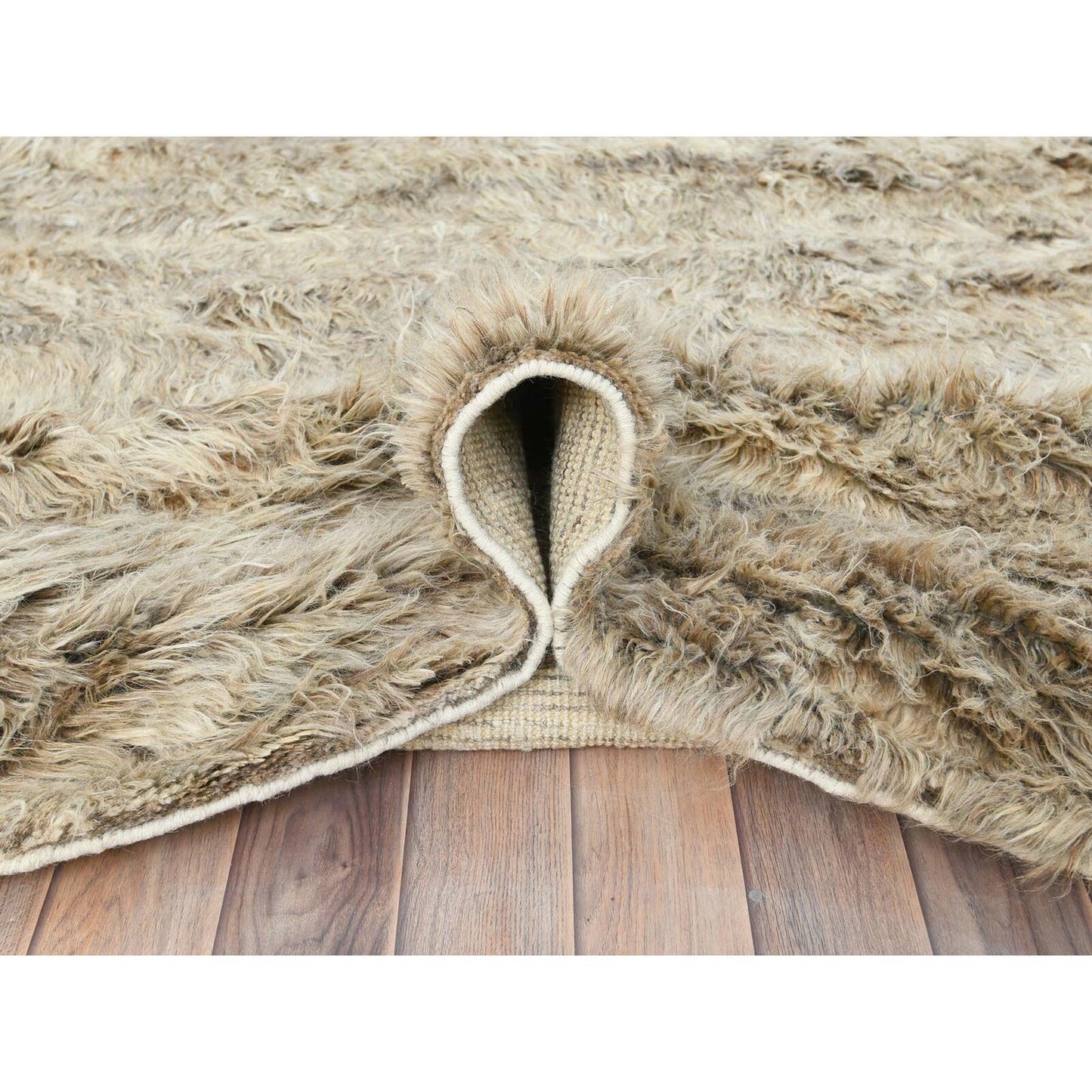 13'6"X13'6" Beige Shaggy Moroccan Wool Hand Knotted Round Rug