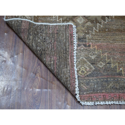 3'3"X9'8" Vintage Worn Down Wide Runner Hand Knotted Tribal Bohemian Rug
