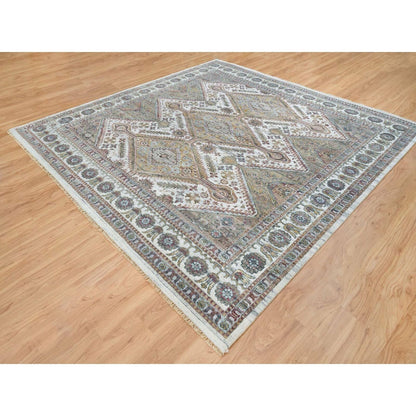 9'10"X10' Ivory Wool Hand Knotted Flower Rosettes Border Oriental Rug