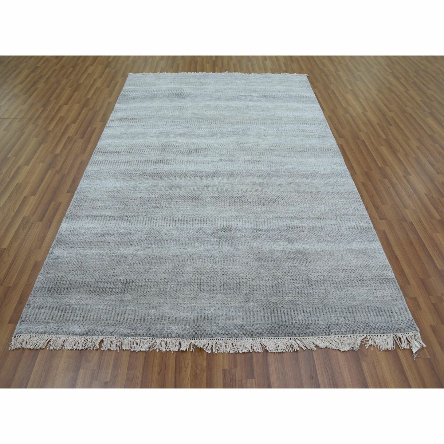 6'X9'2" Gray Modern Grass Design Gabbeh Wool And Silk Hand Knotted Rug