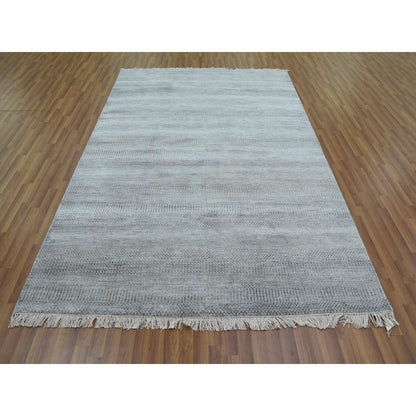 6'X9'2" Gray Modern Grass Design Gabbeh Wool And Silk Hand Knotted Rug