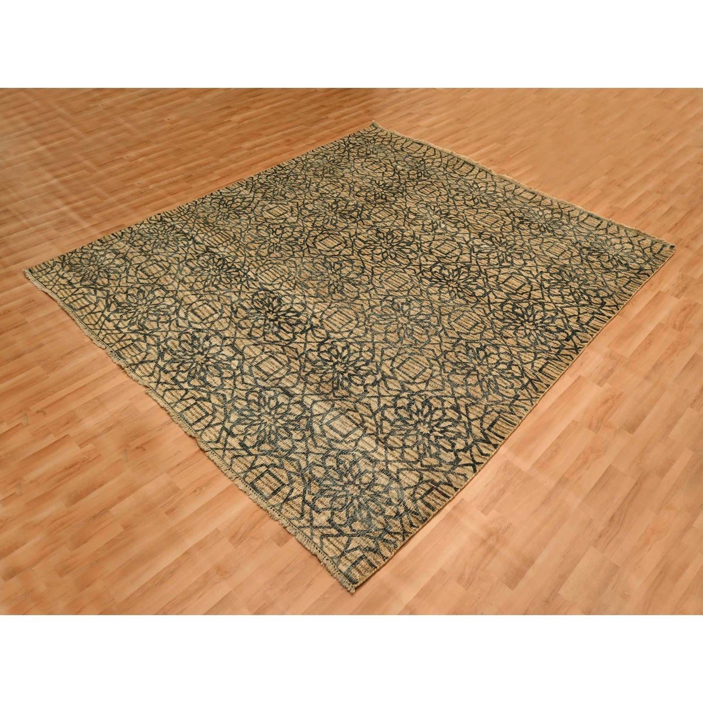 7'8"X8'7" Brown Flower Rosette Motif Undyed Natural Wool Hand Knotted Rug