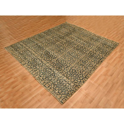 7'8"X8'7" Brown Flower Rosette Motif Undyed Natural Wool Hand Knotted Rug