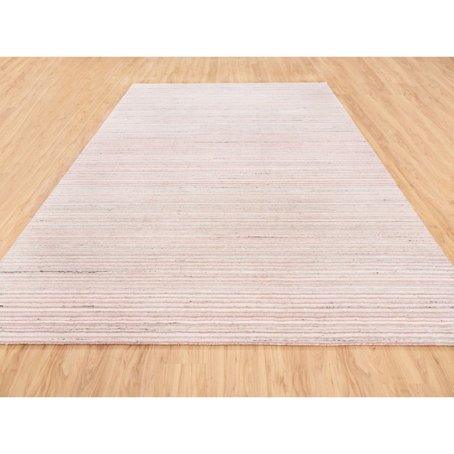 9'X12' Modern Design Plain Ivory With Coral Red Wool Hand Loomed Rug