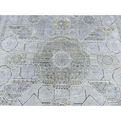 9'X11'7" Cadet Gray Silk With Wool Mamluk Design Hand Knotted Rug