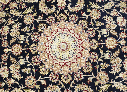 Indo-Nain Black Oriental Rug Floral Medallion