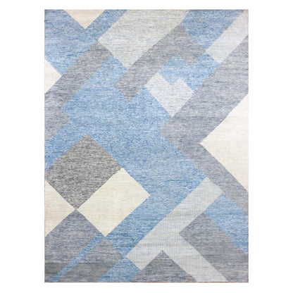 9'X12'1" Blue Geometric Art Deco Collection Wool Hand Knotted Rug