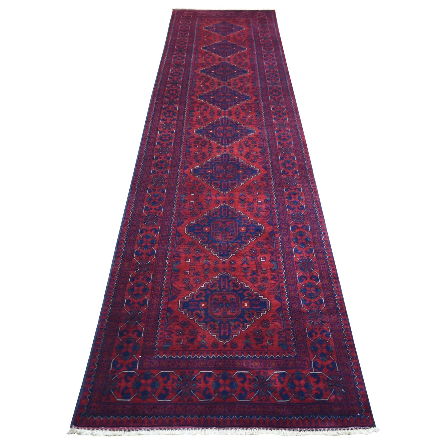 2'10"X12'6" Deep Red Soft Wool Hand Knotted Afghan Khamyab Runner Rug