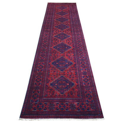 2'10"X12'6" Deep Red Soft Wool Hand Knotted Afghan Khamyab Runner Rug