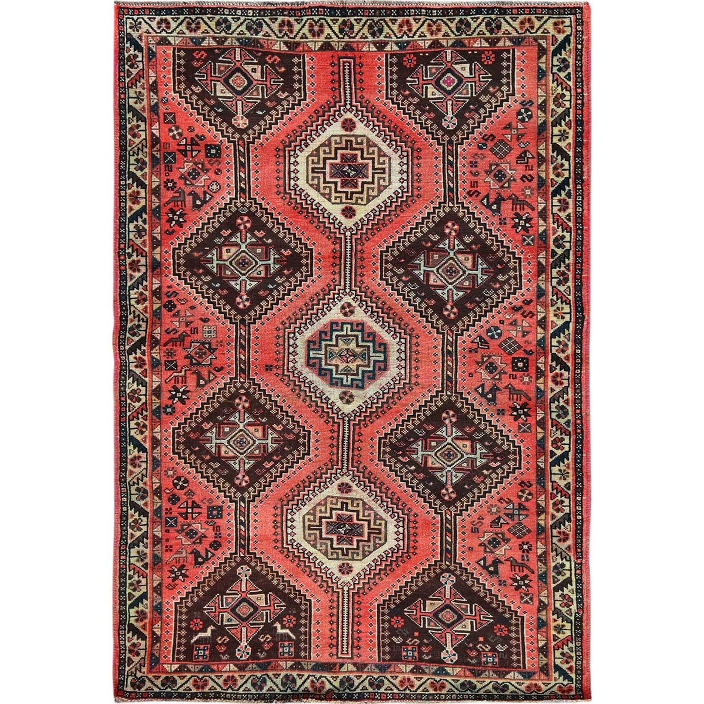 5'2"X7'10" Blush Red Vintage Zoroastrian Sheeraz Hand Knotted Pure Wool Rug