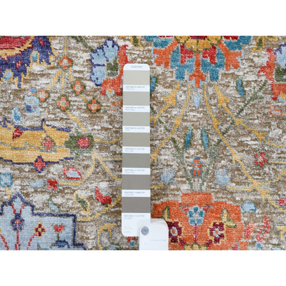 4'1"X12'2" Tan Sickle Design Silk And Wool Hand Knotted Wide Runner Rug