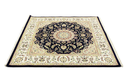 Handmade Navy Floral Classic Indo-Nain Square Rug Oriental Carpet 6x6ft