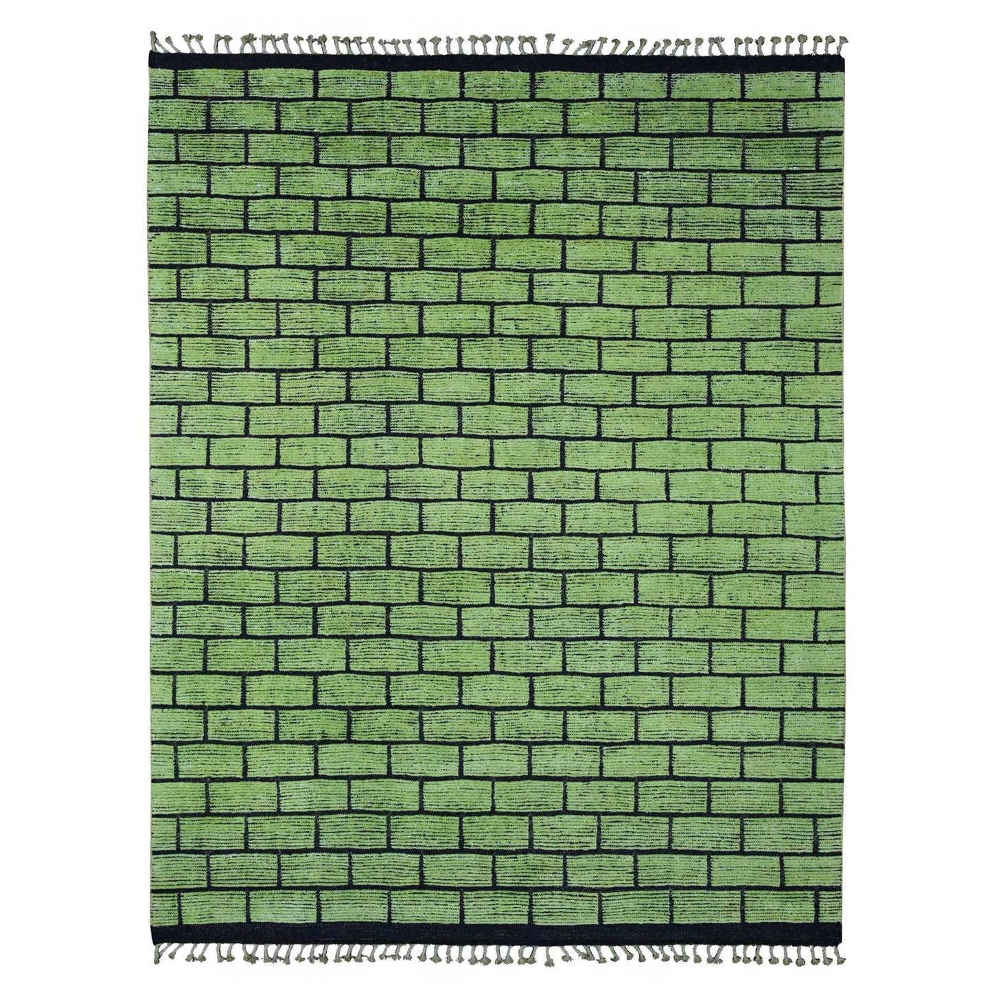 8'2"X10'6" Green Hand Knotted Moroccan Weave Brick Design Pure Wool Rug