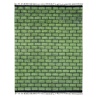 8'2"X10'6" Green Hand Knotted Moroccan Weave Brick Design Pure Wool Rug
