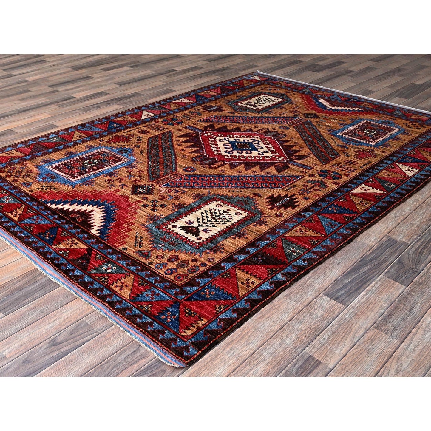 6'1"X8'4" Ochre Brown Afghan Caucasian Design Revival Hand Knotted Wool Rug